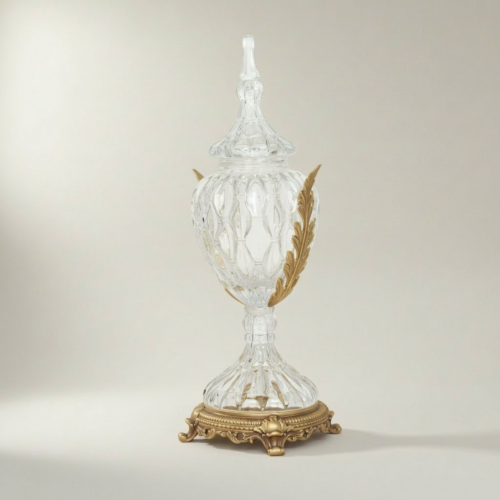 Neoclassical Lidded Crystal Urn Vase with Acanthus Brass Mounts and Ornate Footed Base Antique Gold Front | Brass & Wood