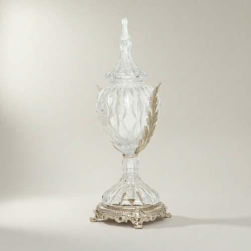 Neoclassical Lidded Crystal Urn Vase with Acanthus Brass Mounts and Ornate Footed Base Silver Front | Brass & Wood