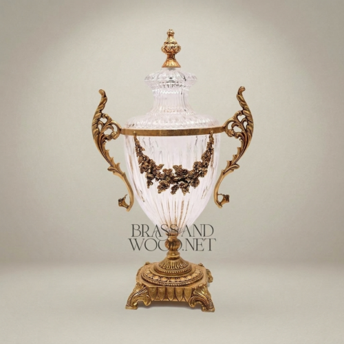 Neoclassical Lidded Crystal Urn Vase with Brass Floral Swag Handles and Ornate Base – Brass & Wood Antique Gold Front | Brass & Wood