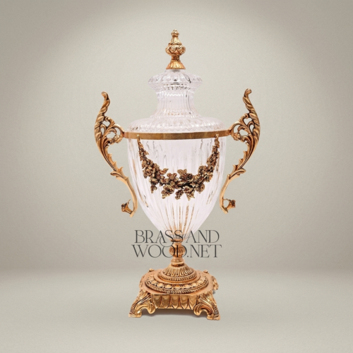 Neoclassical Lidded Crystal Urn Vase with Brass Floral Swag Handles and Ornate Base – Brass & Wood Gold Front | Brass & Wood