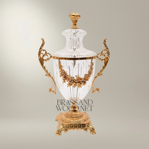 Neoclassical Lidded Crystal Urn Vase with Brass Floral Swag Handles and Ornate Pedestal Base - Brass & Wood Gold Front | Brass & Wood