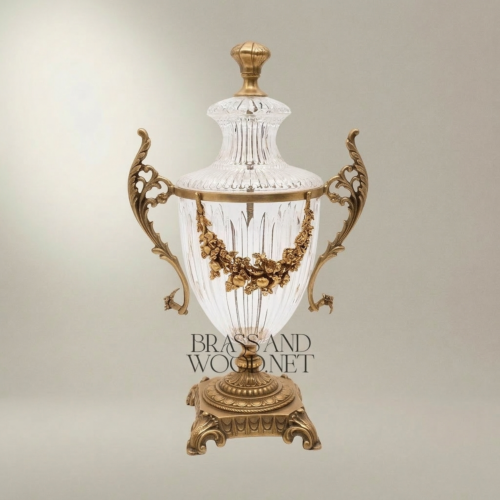 Neoclassical Lidded Crystal Urn Vase with Brass Floral Swag Handles and Ornate Pedestal Base - Brass & Wood Antique Gold Front | Brass & Wood