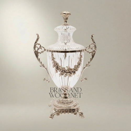 Neoclassical Lidded Crystal Urn Vase with Brass Floral Swag Handles and Ornate Pedestal Base - Brass & Wood Silver Front | Brass & Wood
