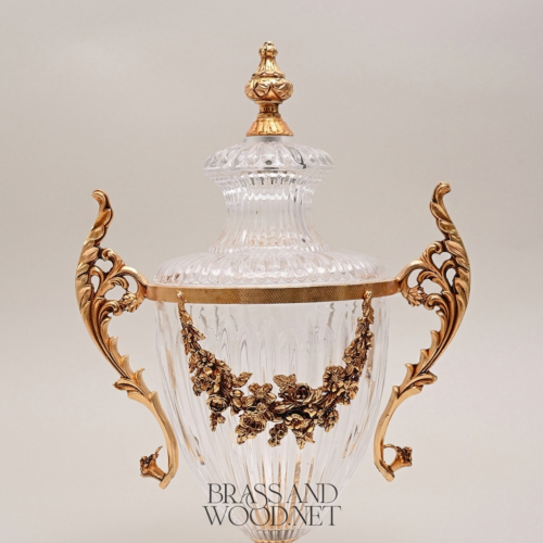 Neoclassical Lidded Crystal Urn Vase with Brass Floral Swag Handles and Ornate Base – Brass & Wood Gold Front | Brass & Wood