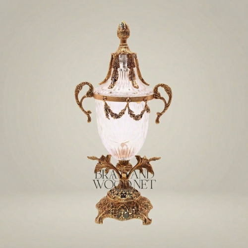 Neoclassical Lidded Crystal Urn Vase Ornate Brass Swag Acanthus Pedestal Brass and Wood Antique Gold Front | Brass & Wood