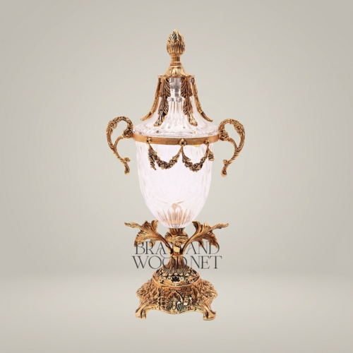Neoclassical Lidded Crystal Urn Vase Ornate Brass Swag Acanthus Pedestal Brass and Wood Gold Front | Brass & Wood