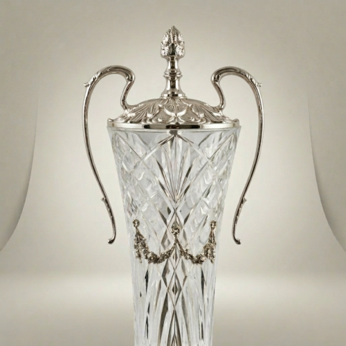 Neoclassical Lidded Crystal Urn Vase with Ornate Brass Mounts and Pinecone Finial Silver Front | Brass & Wood