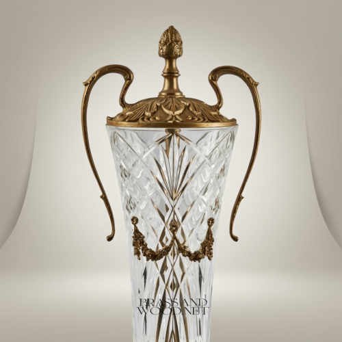 Neoclassical Lidded Crystal Urn Vase with Ornate Brass Mounts and Pinecone Finial Antique Gold Front | Brass & Wood