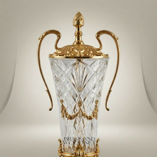 Neoclassical Lidded Crystal Urn Vase with Ornate Brass Mounts and Pinecone Finial Gold Front | Brass & Wood