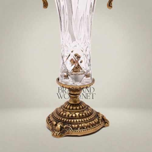 Neoclassical Lidded Crystal Urn Vase Ornate Brass Handles Finial Decorative Pedestal Base Antique Gold Front | Brass & Wood