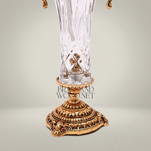 Neoclassical Lidded Crystal Urn Vase Ornate Brass Handles Finial Decorative Pedestal Base Gold Front | Brass & Wood