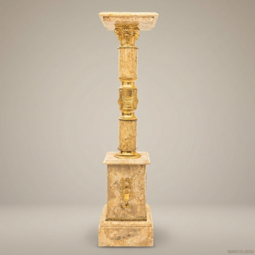 Empire Neoclassical Marble Brass Ormolu Column Pedestal Corinthian Capital Brass & Wood Front View | Brass & Wood