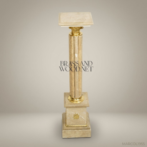 Neoclassical Cream Marble Column Pedestal Gilt Brass Corinthian Capital Decorative Medallions Brass & Wood Front View | Brass & Wood