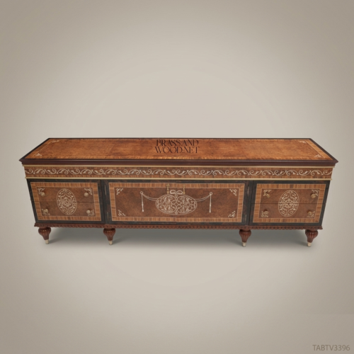 Louis XVI Neoclassical TV Cabinet Solid Walnut Antique Brass Marquetry Inlay Carved Fluted Legs Brass & Wood Front View | Brass & Wood