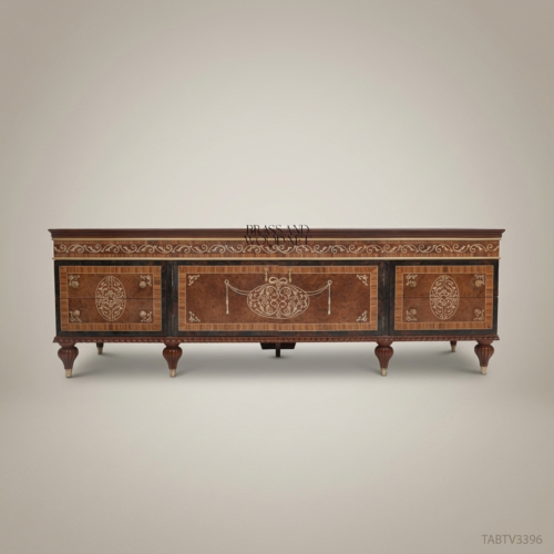 Louis XVI Neoclassical TV Cabinet Solid Walnut Antique Brass Marquetry Inlay Carved Fluted Legs Brass & Wood Front View | Brass & Wood