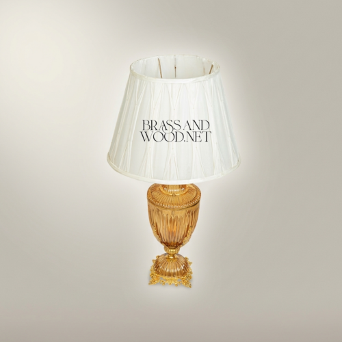 Neoclassical Ribbed Glass Urn Table Lamp Ornate Brass Acanthus Base Pleated Shade Brass and Wood Gold Front | Brass & Wood