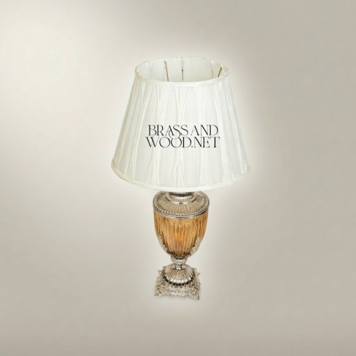 Neoclassical Ribbed Glass Urn Table Lamp Ornate Brass Acanthus Base Pleated Shade Brass and Wood Silver Front | Brass & Wood