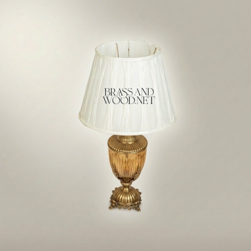 Neoclassical Ribbed Glass Urn Table Lamp Ornate Brass Acanthus Base Pleated Shade Brass and Wood Antique Gold Front | Brass & Wood