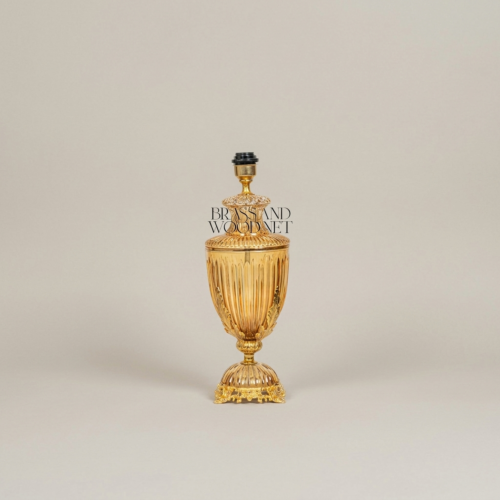 Neoclassical Ribbed Glass Urn Table Lamp Ornate Brass Acanthus Base Pleated Shade Brass and Wood Gold Front | Brass & Wood
