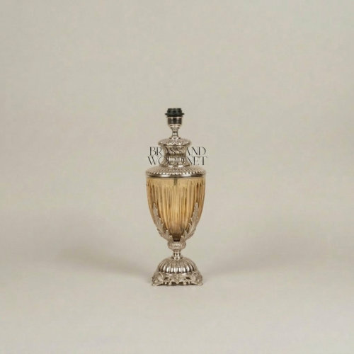 Neoclassical Ribbed Glass Urn Table Lamp Ornate Brass Acanthus Base Pleated Shade Brass and Wood Silver Front | Brass & Wood
