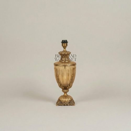 Neoclassical Ribbed Glass Urn Table Lamp Ornate Brass Acanthus Base Pleated Shade Brass and Wood Antique Gold Front | Brass & Wood