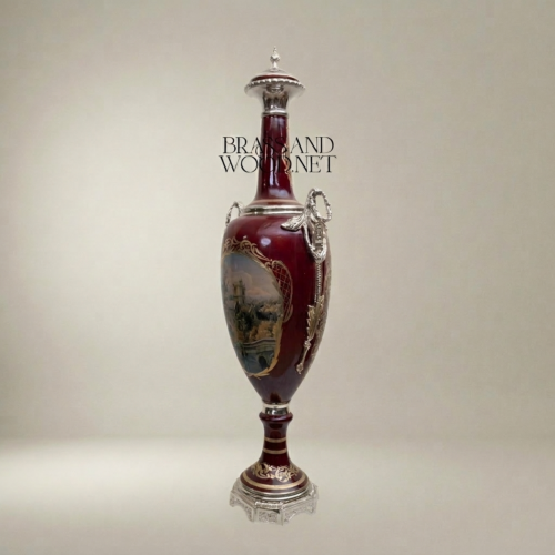 Neoclassical Sèvres-Style Lidded Ceramic Urn Vase Wine Red Hand-Painted Landscape Brass Mounts Brass and Wood Silver Front | Brass & Wood