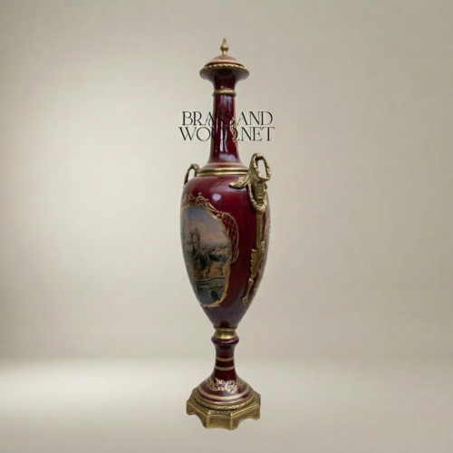 Neoclassical Sèvres-Style Lidded Ceramic Urn Vase Wine Red Hand-Painted Landscape Brass Mounts Brass and Wood Antique Gold Front | Brass & Wood