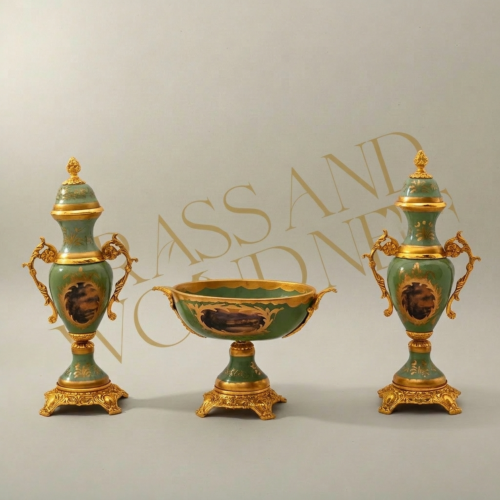 Neoclassical Sèvres-Style Green Ceramic Vase and Coupe Set with Gilt Brass Mounts and Floral Medallions Gold Front | Brass & Wood