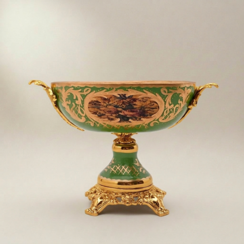 Neoclassical Sèvres-Style Green Ceramic Vase and Coupe Set with Gilt Brass Mounts and Floral Medallions Gold Front | Brass & Wood