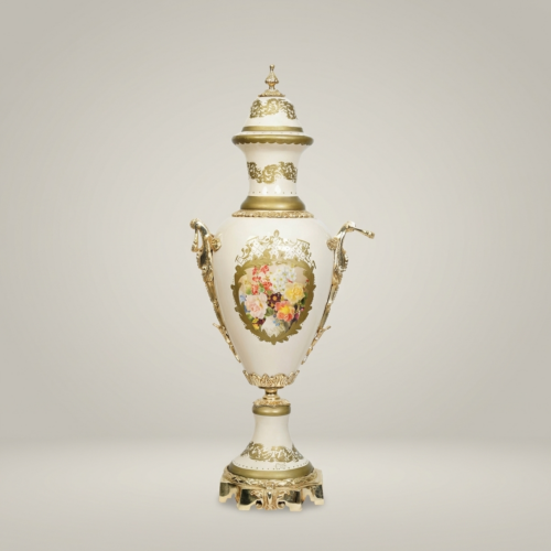 Neoclassical Sèvres-Style Lidded Ceramic Urn Vase with Floral Medallion and Brass Lyre Handles Gold Front | Brass & Wood