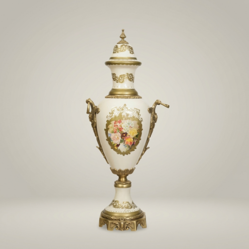 Neoclassical Sèvres-Style Lidded Ceramic Urn Vase with Floral Medallion and Brass Lyre Handles Antique Gold Front | Brass & Wood