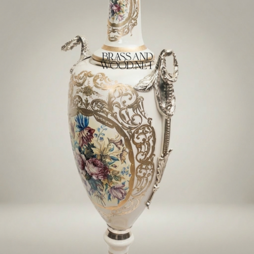 Tall Neoclassical Ceramic Amphora Vase Serpent Handles Botanical Floral Cartouche Brass and Wood Silver Front | Brass & Wood