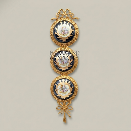 Neoclassical Triple Porcelain Medallion Brass Wall Panel Floral Sevres Ribbon Crown Brass and Wood Gold Front | Brass & Wood