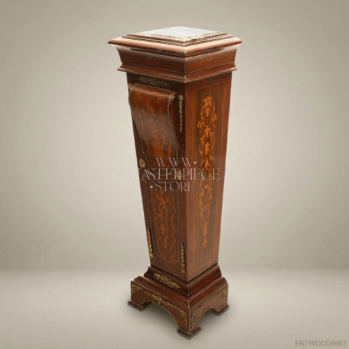 Renaissance Revival Handcrafted Mahogany Display Pedestal Floral Marquetry Marble Top Antique Gold Brass Mounts Front View | Brass & Wood