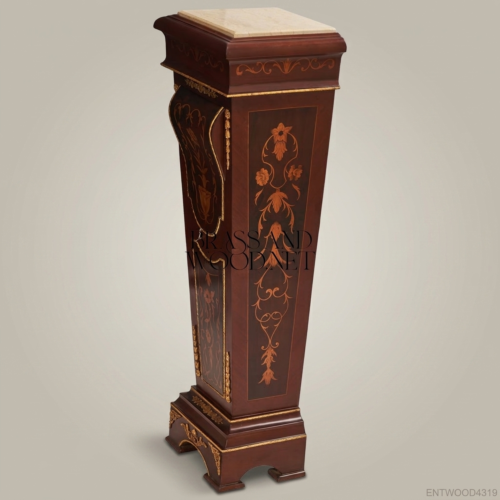 Renaissance Revival Mahogany Marquetry Display Pedestal Marble Top Antique Gold Accents Brass and Wood Front View | Brass & Wood