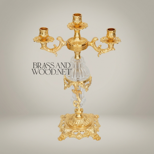 Rococo 3-Arm Brass Crystal Column Candelabra Scrollwork Base Ornate Handcrafted Gold Front | Brass & Wood