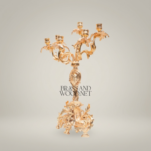 Rococo Five-Arm Brass Candelabra Heavily Ornate Acanthus Scroll Base Brass and Wood Gold Front | Brass & Wood