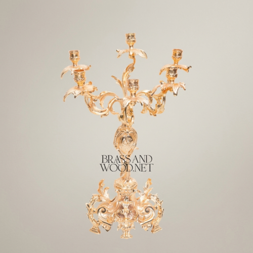 Rococo Five-Arm Brass Candelabra Heavily Ornate Acanthus Scroll Base Brass and Wood Gold Front | Brass & Wood