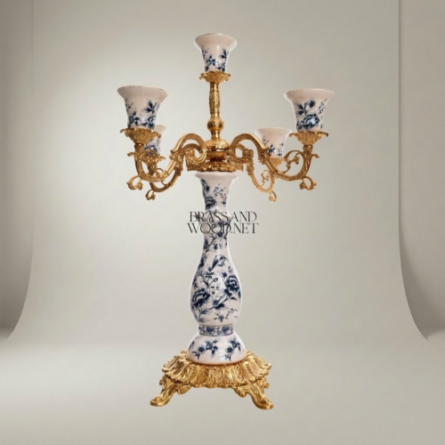 Rococo 5-Arm Candelabra with Blue Floral Porcelain & Scrolled Brass Arms