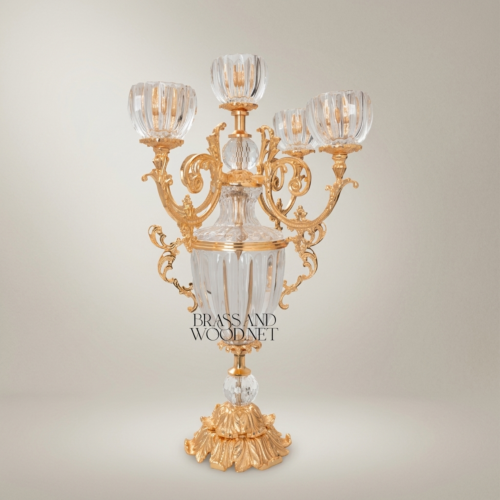 Rococo 5-Arm Crystal and Brass Candelabra Fluted Urn Body Acanthus Scrollwork Brass and Wood Gold Front | Brass & Wood