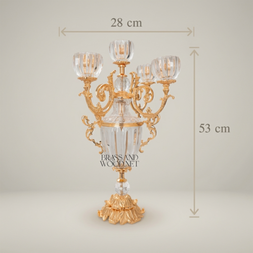 Rococo 5-Arm Crystal and Brass Candelabra Fluted Urn Body Acanthus Scrollwork Brass and Wood Gold Front | Brass & Wood