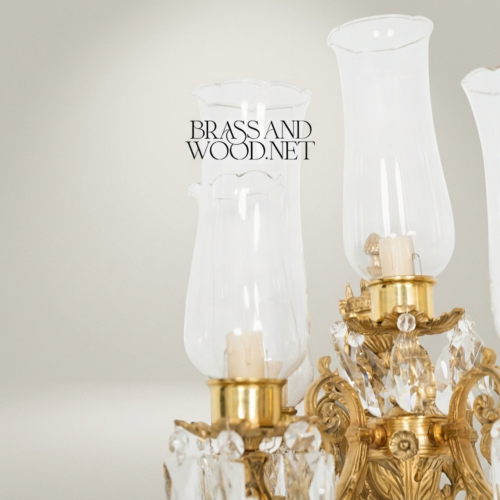 أبليك حائط روكوكو بخمسة أذرع مع قطرات كريستال وأغطية زجاجية على شكل إعصار - Antique Gold