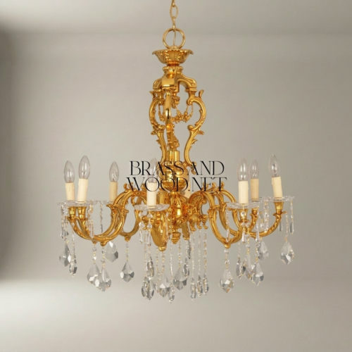 Rococo 8-Arm Brass Crystal Chandelier with Cascading Crystal Drops and Acanthus Carvings Gold Front | Brass & Wood