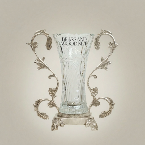 Rococo Acanthus Scrolled Brass Crystal Vase Ornate Foliate Stand Brass and Wood Silver Front | Brass & Wood