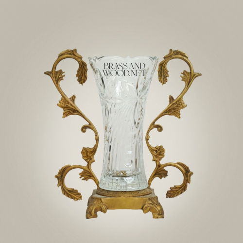 Rococo Acanthus Scrolled Brass Crystal Vase Ornate Foliate Stand Brass and Wood Antique Gold Front | Brass & Wood