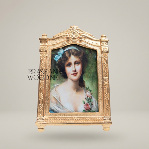 Rococo Arched Ornate Photo Frame with Easel Stand Floral Crown Cartouche Antique Finish Brass and Wood Gold Front | Brass & Wood