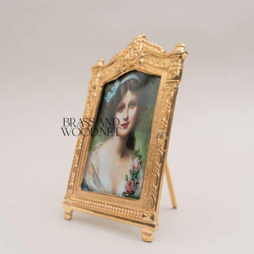 Rococo Arched Ornate Photo Frame with Easel Stand Floral Crown Cartouche Antique Finish Brass and Wood Gold Front | Brass & Wood