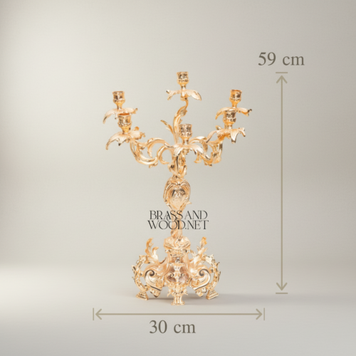 Rococo Brass 4-Arm Candelabra and Centerpiece Bowl 3-Piece Set Acanthus Scroll Foliage Brass and Wood Gold Side | Brass & Wood