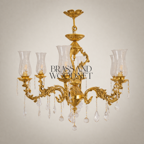 Rococo Brass 5-Arm Chandelier Hurricane Glass Shades Crystal Drops Brass and Wood Gold Front | Brass & Wood
