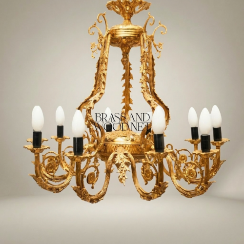 Rococo Heavily Ornate Brass 8-Arm Chandelier Acanthus Scrollwork Candelabra Brass and Wood Gold Front | Brass & Wood